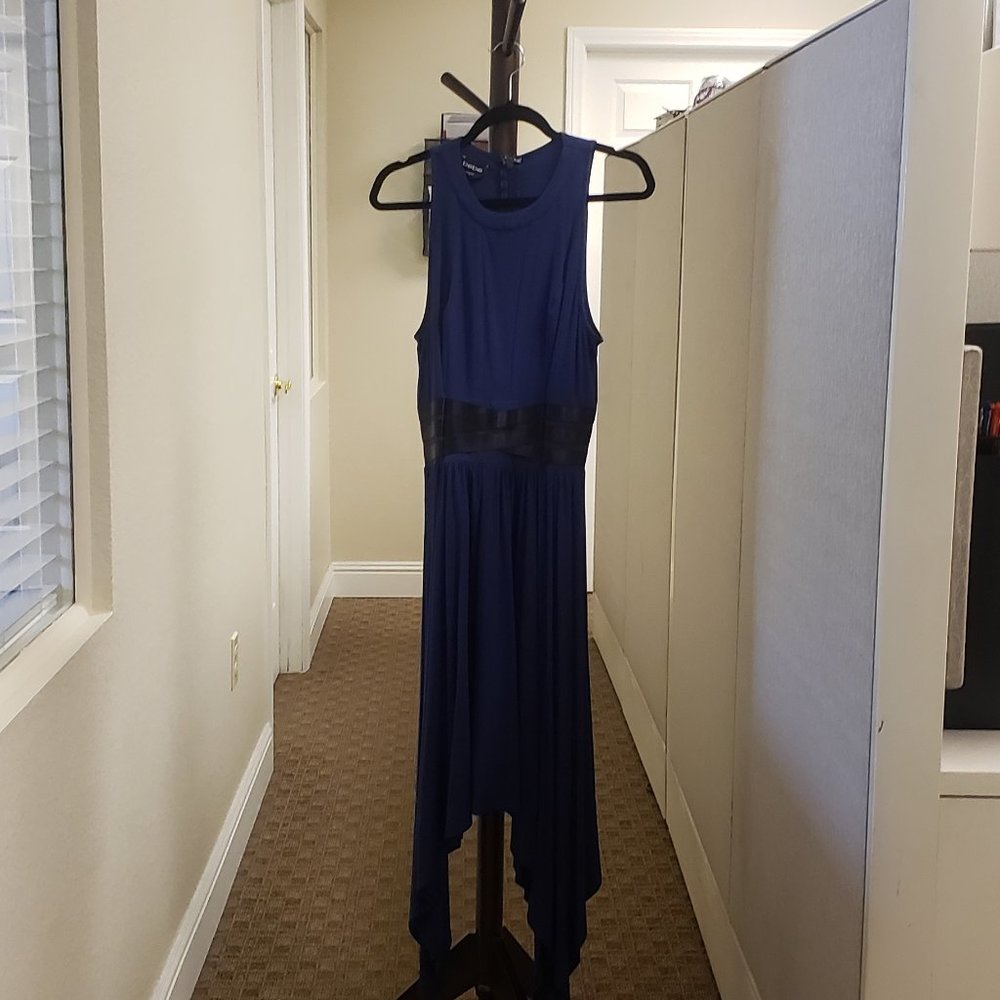 Bebe Blue Asymmetrical Dress with Black Bandage Belt & Light Blue Chest Cut Out